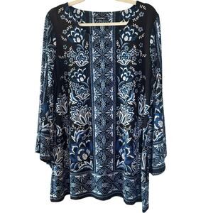 Roz & Ali Black Blue White Floral Embossed Tunic Top Bell Flare Sleeves - 1X